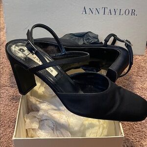 Ann Taylor Black Satin Block Heel Slingbacks size 7